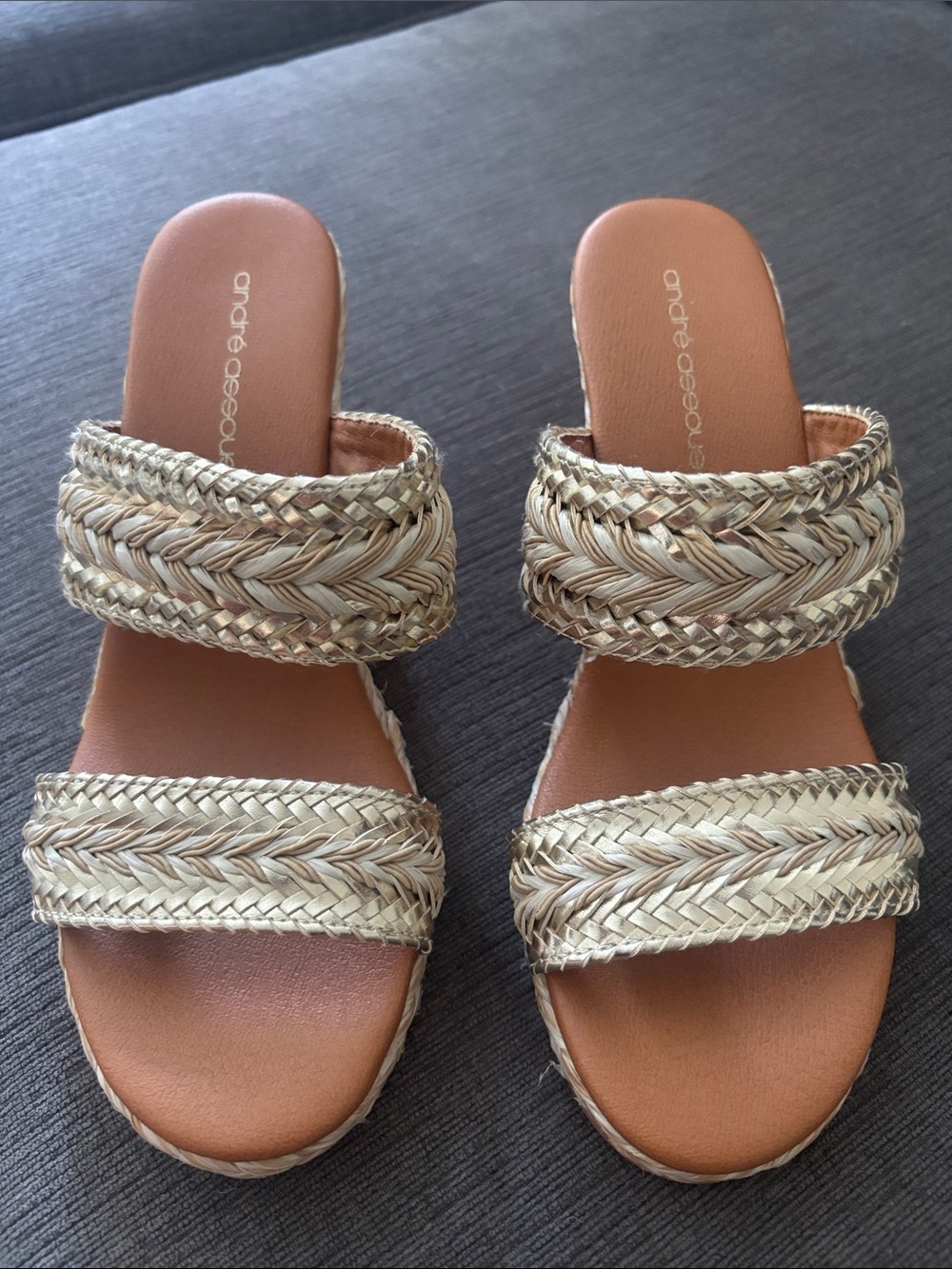 Andre Assous Braided Metallic Double-Band Slide Sandals in Gold and Tan